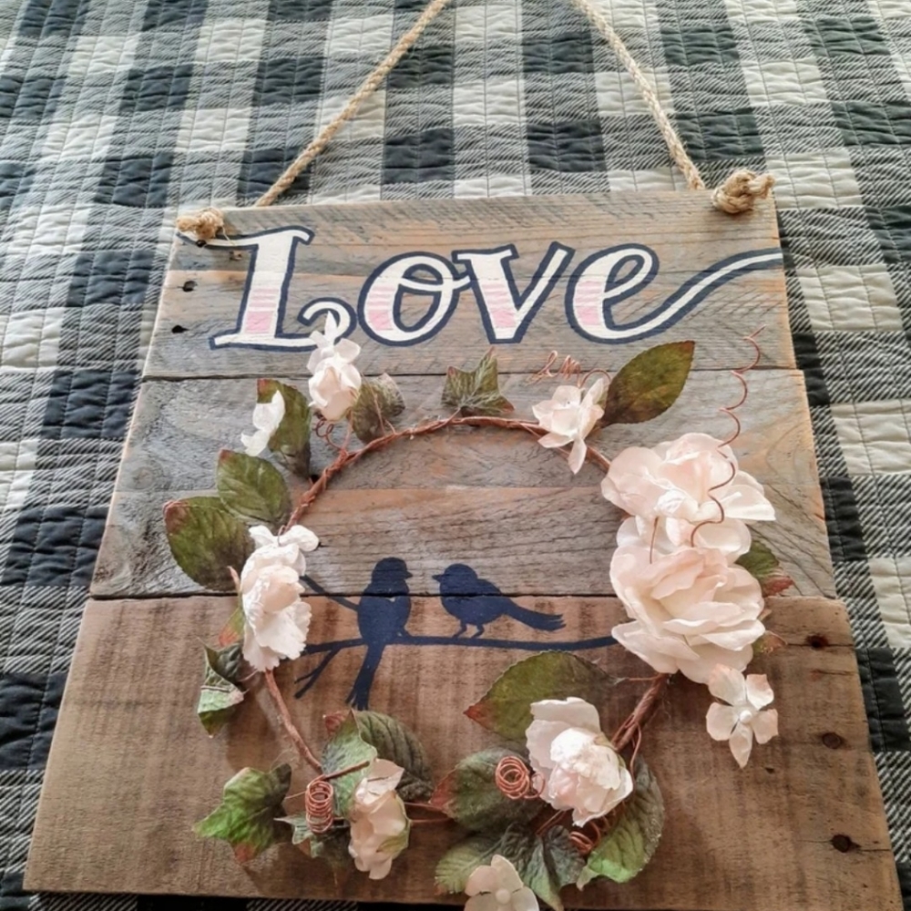 Valentine Day Handmade Love Birds wood sign floral wreath original